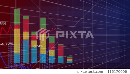 Image of multiple graphs with changing numbers over grid pattern against black background 116170006