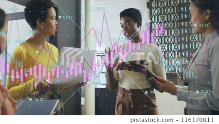 Image of multiple graphs with changing numbers, diverse female coworkers sharing ideas in office Image of multiple graphs with changing numbers, diverse female coworkers sharing ideas in office 116170011