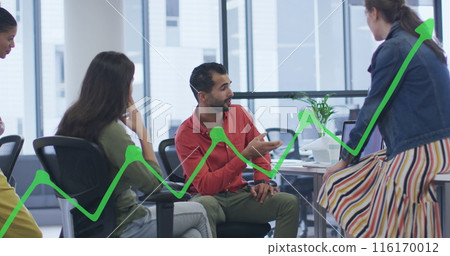 Image of graph over diverse coworkers sharing ideas in office Image of graph over diverse coworkers sharing ideas in office 116170012