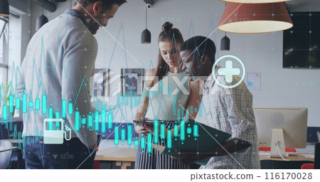Image of icons, multiple graphs with changing numbers, diverse coworkers sharing ideas in office Image of icons, multiple graphs with changing numbers, diverse coworkers sharing ideas in office 116170028