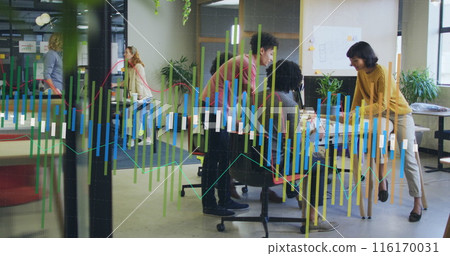 Image of multiple graphs, diverse architects discussing on 3d model of houses in office 116170031