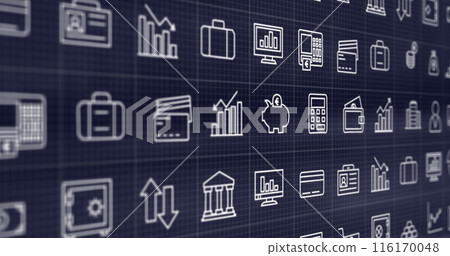 Image of interface with multiple digital icons against blue background Image of interface with multiple digital icons against blue background 116170048