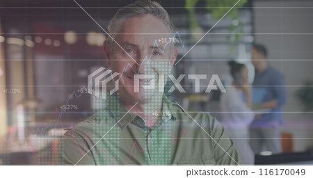 Image of statistical data processing, numbers over portrait of caucasian man smiling at office Image of statistical data processing, numbers over portrait of caucasian man smiling at office 116170049