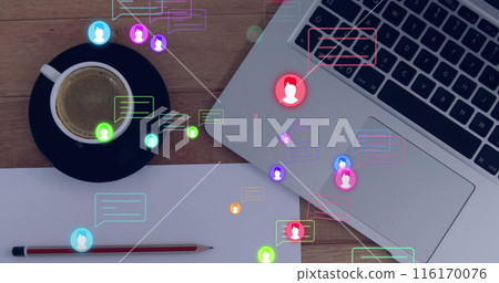 Image of profile icons floating against laptop, coffee cup, pencil, blank paper on wooden table 116170076