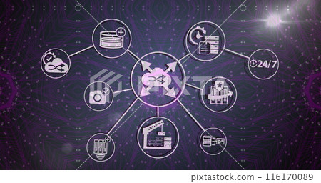 Image of flowchart of icons over dots forming abstract pattern and lens flares 116170089