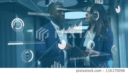 Image of data processing against diverse businessman and businesswoman discussing at office Image of data processing against diverse businessman and businesswoman discussing at office 116170096