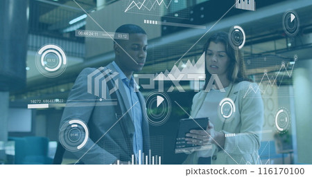 Image of data processing against diverse businessman and businesswoman discussing at office 116170100