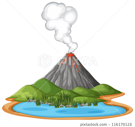 Erupting Volcano Near a Lake 116170128