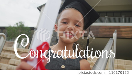 Image of congratulations text over happy biracial schoolgirl in mortar board with diploma Image of congratulations text over happy biracial schoolgirl in mortar board with diploma 116170153