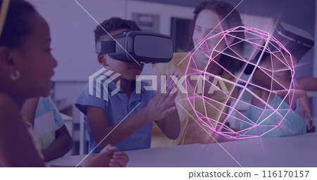Image of 3d shapes over happy diverse female teacher with pupils in vr headsets in classroom 116170157