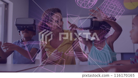 Image of 3d shapes over happy diverse female teacher with pupils in vr headsets in classroom 116170165
