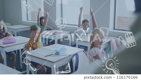 Image of school icons over happy diverse schoolchildren at desks raising hands in classroom 116170166