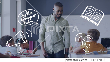 Image of language icons over happy african american male teacher and pupils in class 116170169