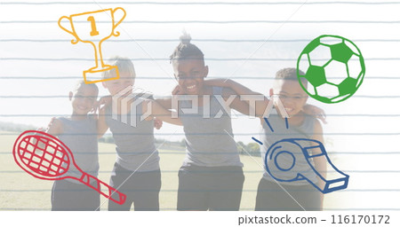 Image of colourful sports icons over happy diverse schoolboys embracing on sports field 116170172