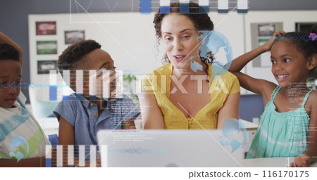 Image of data processing over happy diverse female teacher and pupils using laptop in class Image of data processing over happy diverse female teacher and pupils using laptop in class 116170175