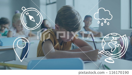 Image of geography icons over happy caucasian schoolboy working at desk in class Image of geography icons over happy caucasian schoolboy working at desk in class 116170190