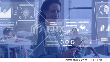 Image of data processing over happy diverse female teacher using tablet in school classroom 116170193