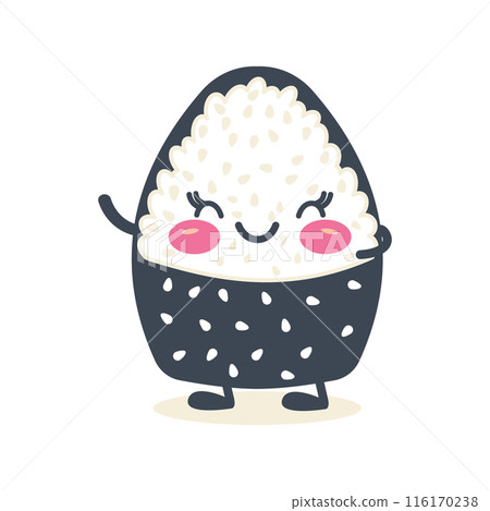 Cute Onigiri Rice Japanese Food Cartoon Character Wrapped Nori Seaweed with Smile Expression 116170238