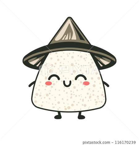 Cute Triangle Onigiri Rice Japanese Food Cartoon Character Wearing Cone Hat with Smile Expression Cute Triangle Onigiri Rice Japanese Food Cartoon Character Wearing Cone Hat with Smile Expression 116170239