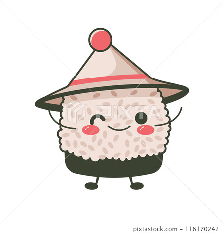 Cute Triangle Onigiri Rice Japanese Food Cartoon Character Wearing Cone Hat with Smile Expression Cute Triangle Onigiri Rice Japanese Food Cartoon Character Wearing Cone Hat with Smile Expression 116170242