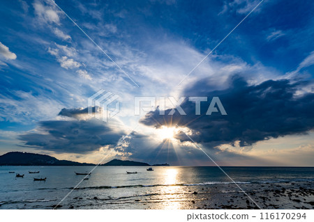 Nature beautiful Light Sunset or sunrise over sea, Colorful dramatic majestic scenery Sky with Amazing clouds and waves in sunset sky 116170294