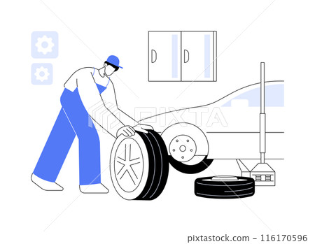 Tire fitting abstract concept vector illustration. Tire fitting abstract concept vector illustration. 116170596
