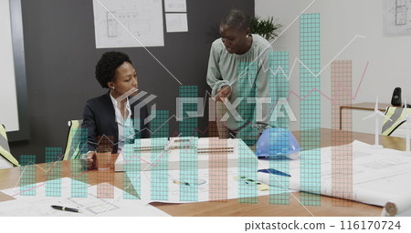 Image of growing graphs over diverse female architects discussing 3d model of building in office Image of growing graphs over diverse female architects discussing 3d model of building in office 116170724