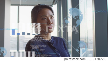 Image of graphs, globes and computer language over thoughtful asian woman in office 116170726