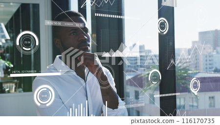 Image of graphs, changing numbers, loading circles and bars, thoughtful african american man Image of graphs, changing numbers, loading circles and bars, thoughtful african american man 116170735