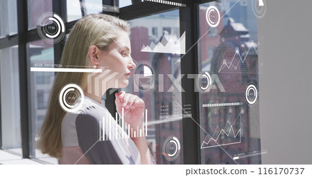 Image of graphs, changing numbers, loading circles bars, circles, thoughtful caucasian woman Image of graphs, changing numbers, loading circles bars, circles, thoughtful caucasian woman 116170737