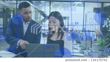 Image of graphs with changing numbers over diverse coworkers discussing reports on laptop Image of graphs with changing numbers over diverse coworkers discussing reports on laptop 116170742