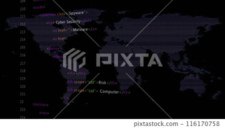 Image of multicolored computer language and map over black background 116170758