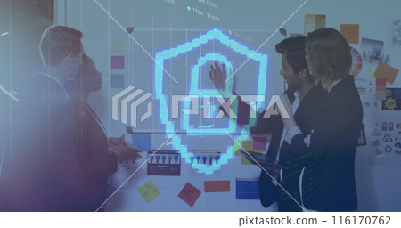 Image of padlock in shield, trading board, diverse coworkers discussing strategy on whiteboard 116170762