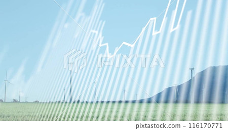 Image of graph over windmills on field against sky Image of graph over windmills on field against sky 116170771