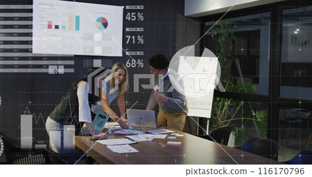 Image of statistical data processing over diverse colleagues discussing together at office 116170796