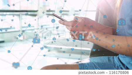 Image of icons connected with lines over smiling caucasian woman chatting using smartphone Image of icons connected with lines over smiling caucasian woman chatting using smartphone 116170806