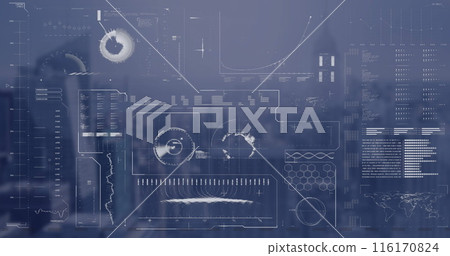 Image of globe, radar, loading bars and circles over modern cityscape against sky 116170824