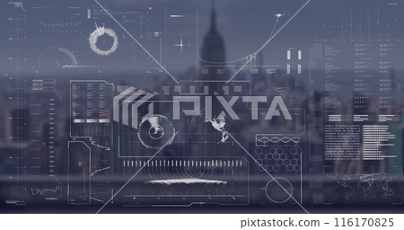 Image of globe, radar, loading bars and circles over modern cityscape against sky 116170825