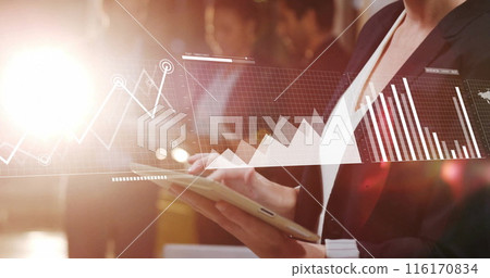 Image of infographic interface, diverse business people using digital tablet against lens flare 116170834