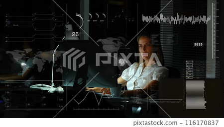 Image of infographic interface and focused caucasian businesswoman working over computer 116170837