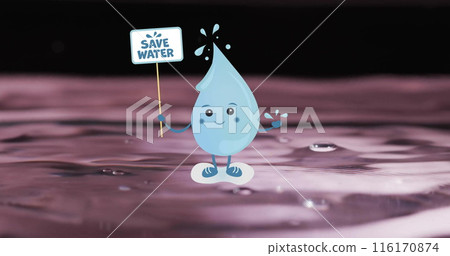 Image of save water text on sign held by water droplet on water background 116170874
