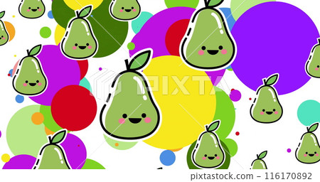 Image of colorful circles and smiling pears characters filling screen Image of colorful circles and smiling pears characters filling screen 116170892