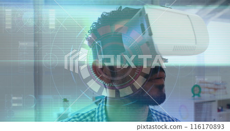 Image of scope scanning and data processing over man wearing vr headset Image of scope scanning and data processing over man wearing vr headset 116170893