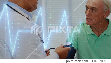 Image of heart rate monitor over caucasian male doctor checking blood pressure of male patient 116170915