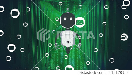 Image of ai chat bot and icons over computer server background Image of ai chat bot and icons over computer server background 116170934