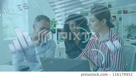 Image of data processing over diverse people working in office Image of data processing over diverse people working in office 116170952