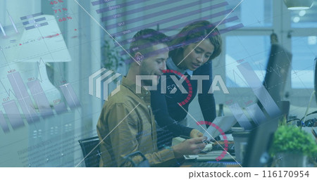 Image of data processing over diverse business people working in office Image of data processing over diverse business people working in office 116170954
