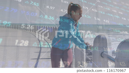 Image of financial data processing over caucasian woman stretching Image of financial data processing over caucasian woman stretching 116170967