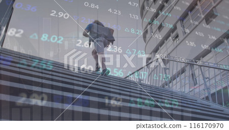 Image of financial data processing over caucasian man running 116170970
