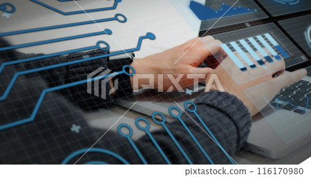 Image of graphs, circles and circuit board pattern over caucasian man working on laptop Image of graphs, circles and circuit board pattern over caucasian man working on laptop 116170980